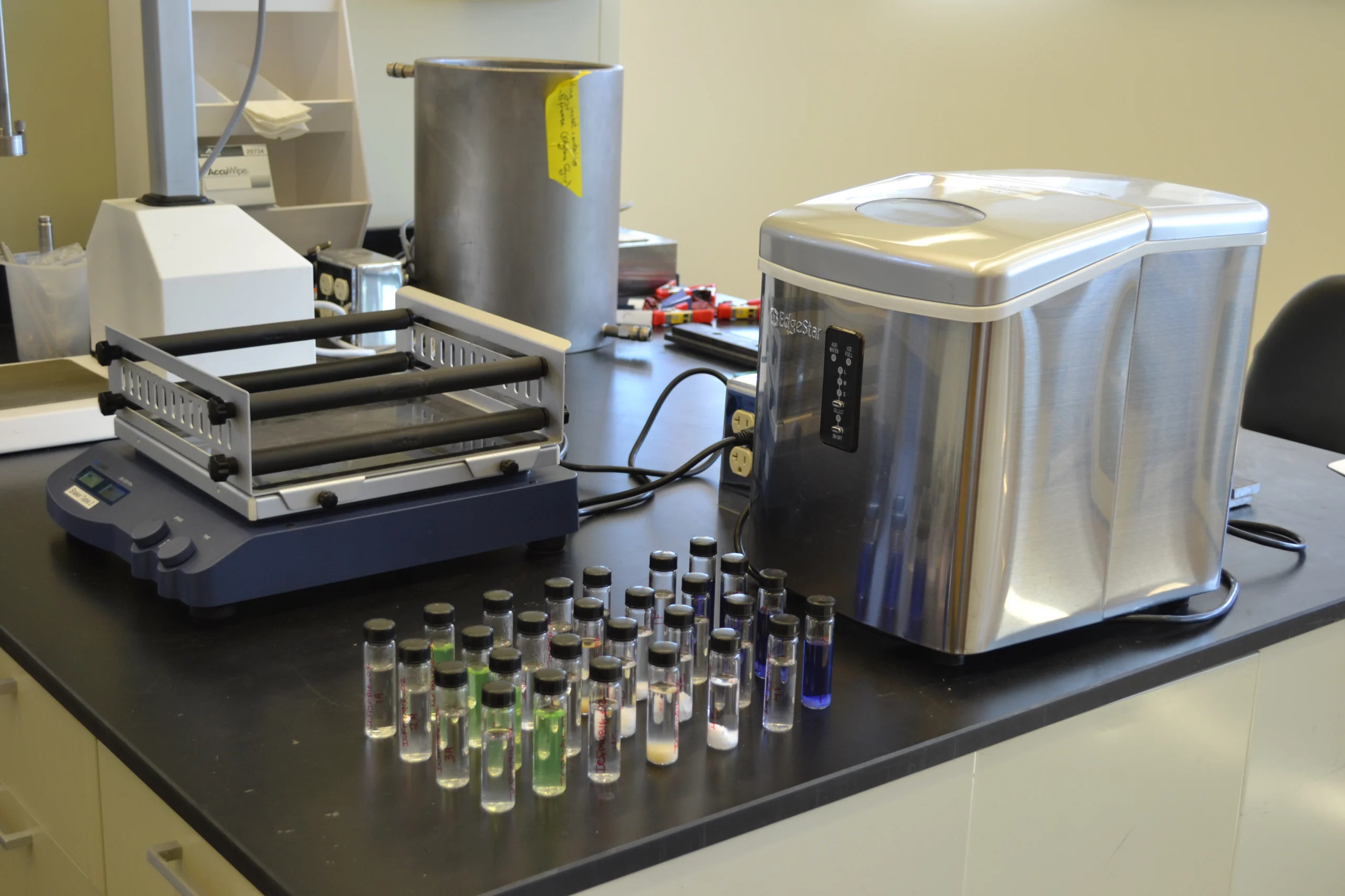Materials testing equipment and sample vials in the Interfacial lab