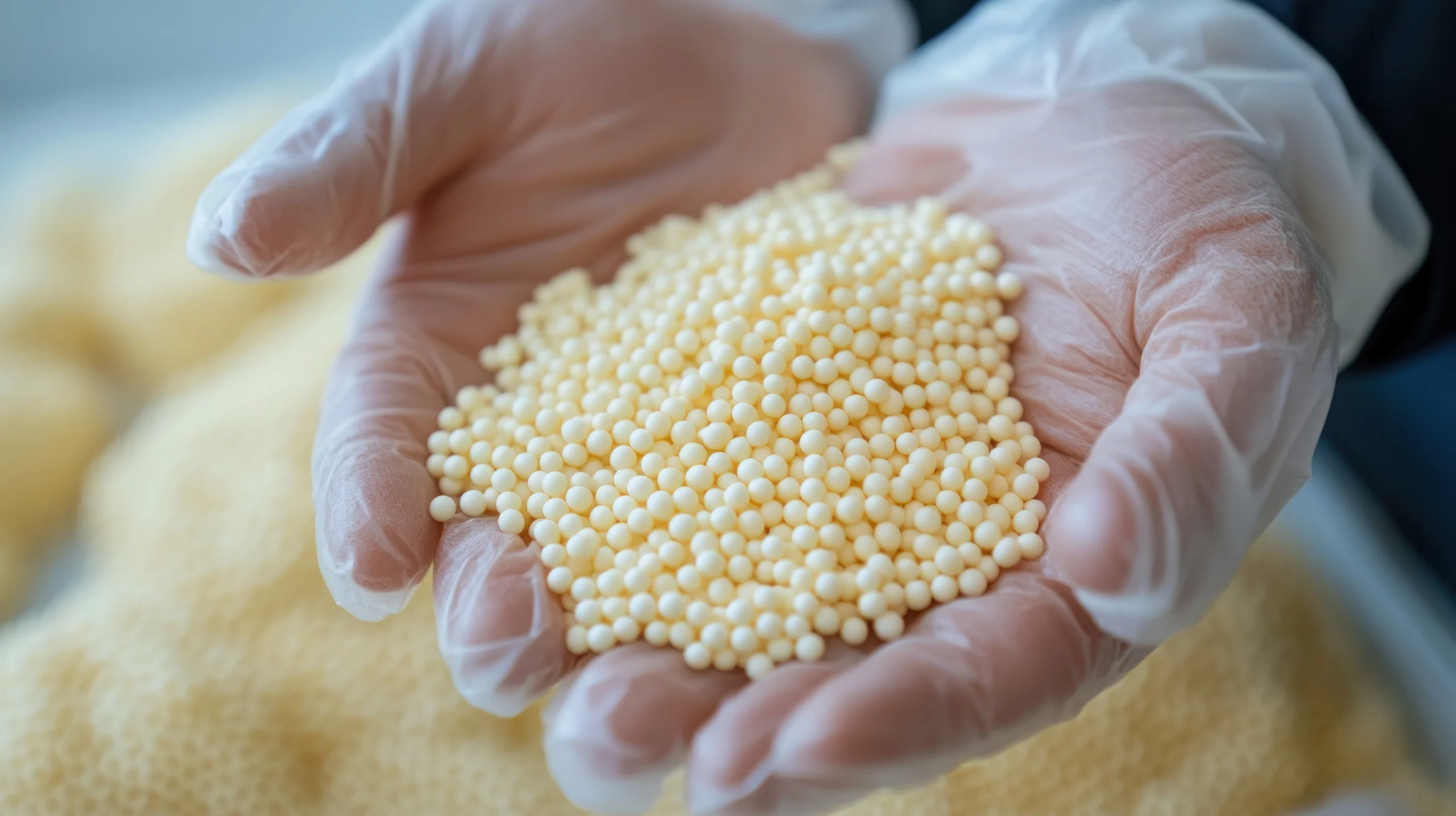 Gloved hand holding off-white polymer compound pellets